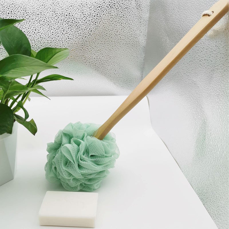 أرسوين Arswin Loofah Sponge Back Scrubber، فرشاة استحمام خشبية ذات مقبض طويل Lufa، فرشاة تنظيف خلفية شبكية من النايلون الناعم، للرجال والنساء، وسادة لوفا مقشرة على عصا للجسم (أخضر) - Image 4